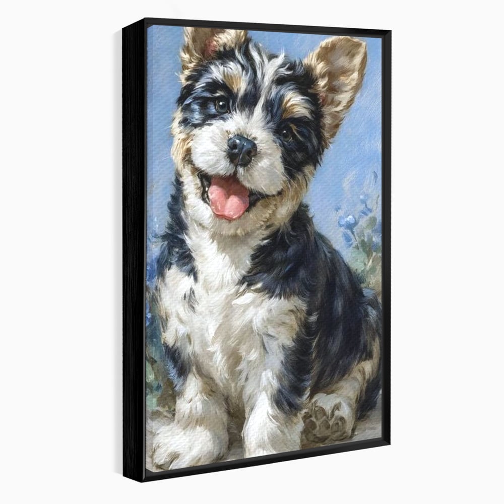 Tablou canvas cu tablou canvas cu catelus pufos, in rama de aluminiu negru